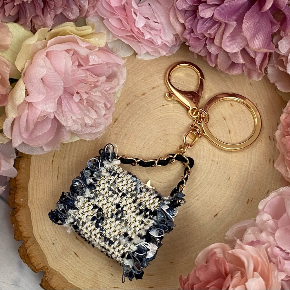 Blue and Black Textured Fabric Handbag Keychain Charm - Picture 13 of 16